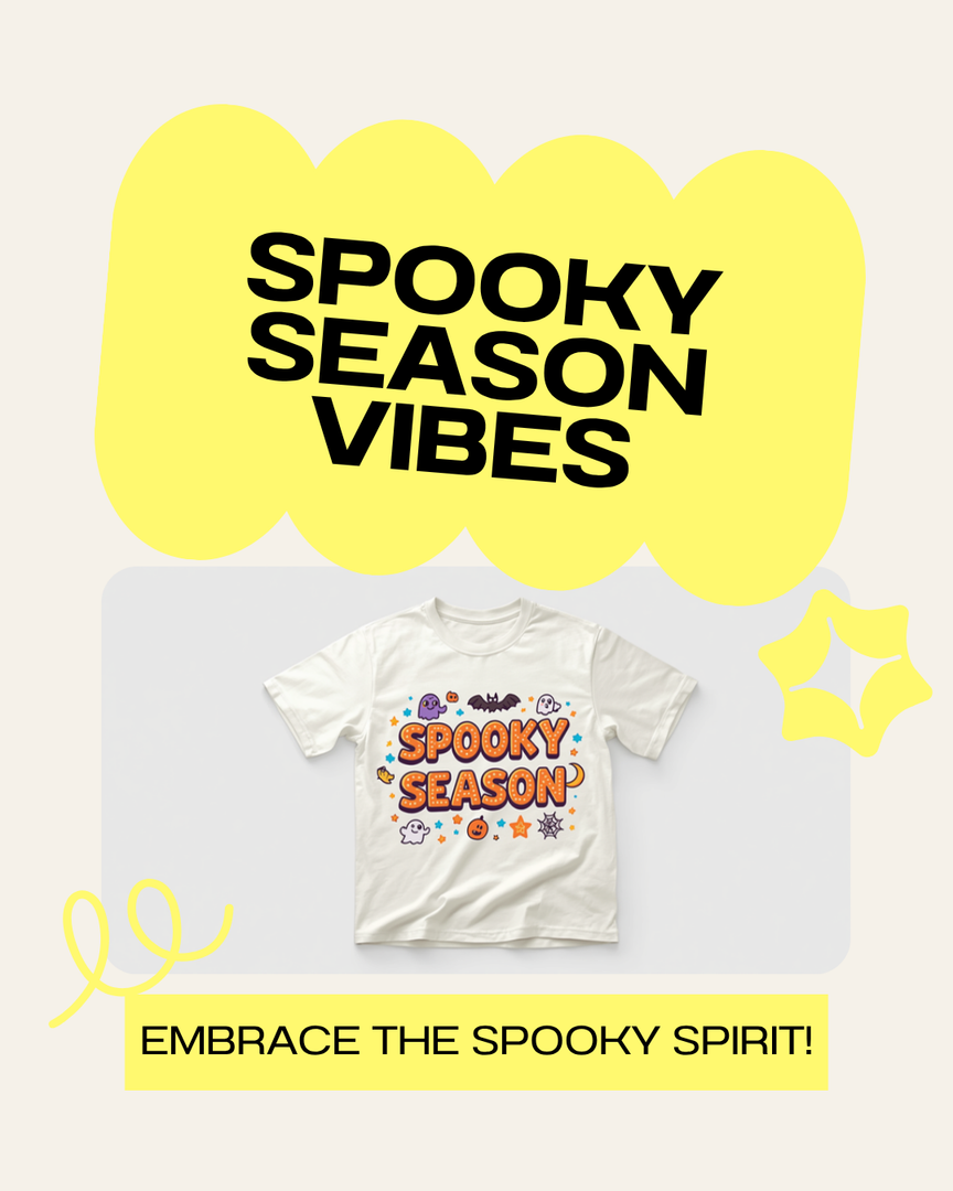 Spooky Season Vibes Tee - Playful Halloween retro design with ghost bat illustrations and retro 70s/80s font styling