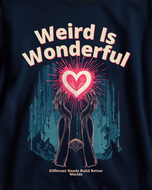 Weird Is Wonderful Tee - Surreal art with quirky figure holding glowing heart, teal and hot pink colors